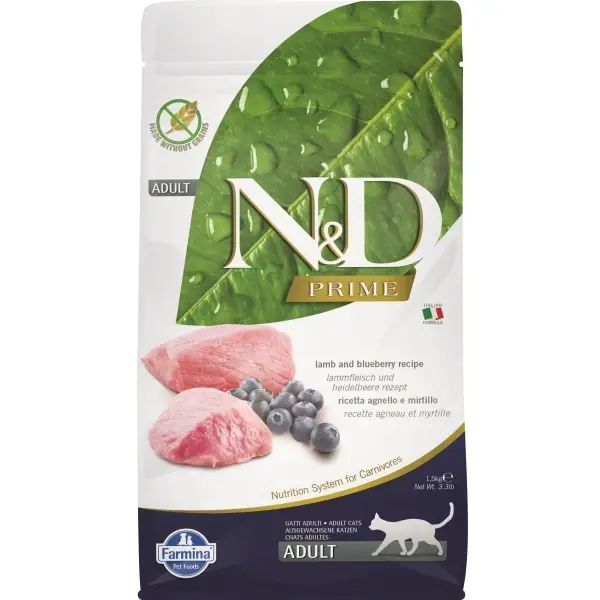 N&D Prime Kuzu Etli ve Yaban Mersinli Tahılsız Yetişkin Kedi Maması 1,5kg