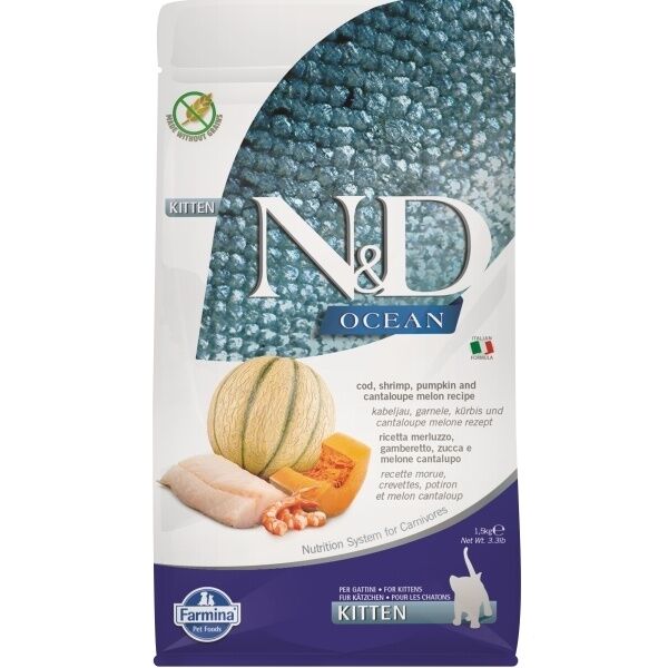 N&D Ocean Morina Balıklı Bal Kabaklı Karidesli ve Kavunlu Tahılsız Yavru Kedi Maması 1,5kg
