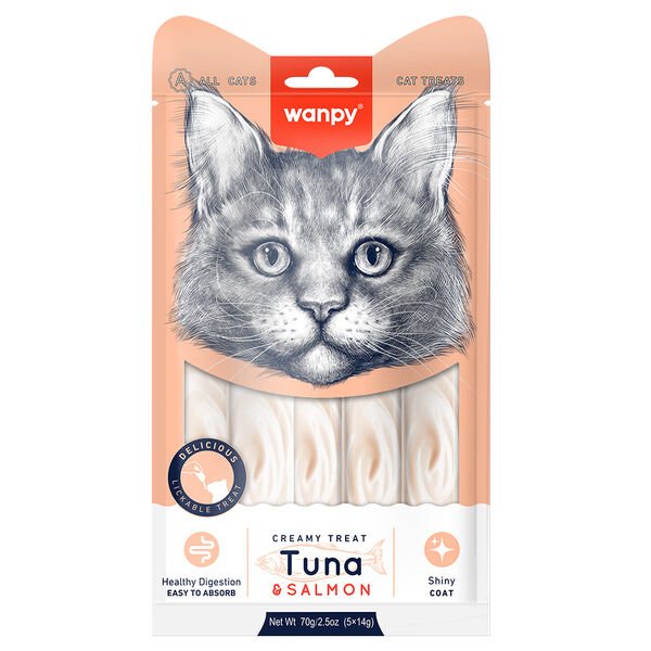 Wanpy Ton Balığı ve Somonlu Tüy Sağlığı Destekleyici Krema Kedi Ödül Maması 14gr (5'li)