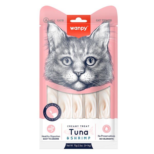 Wanpy Ton Balığı ve Karidesli Sindirim Sistemi Destekleyici Krema Kedi Ödül Maması 14gr (5'li)