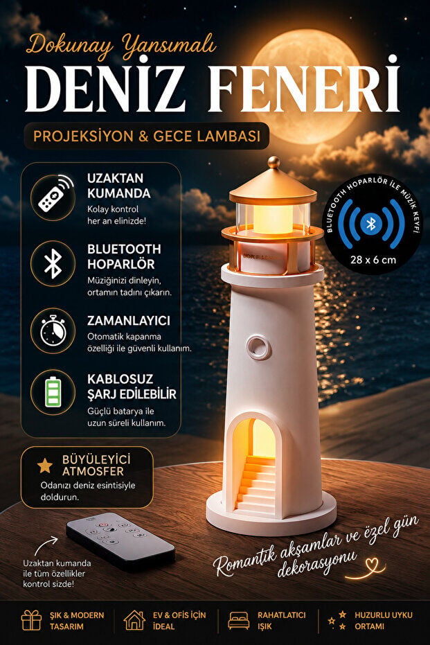 Deniz Feneri Projeksiyon Gece Lambası Ay Yansıtmalı Bluetooth Hoparlör Şarjlı LED Işık Aydınlatma
