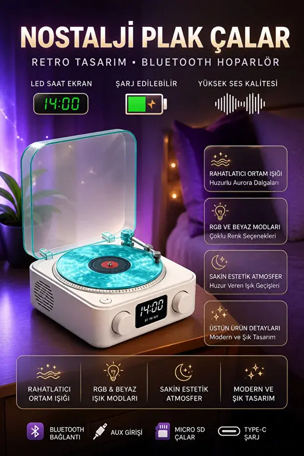Nostalji Plak Çalar Bluetooth Hoparlör 3d Ses Dalgası Çalar Saat Retro Pikap Şarjlı Müzik Kutusu