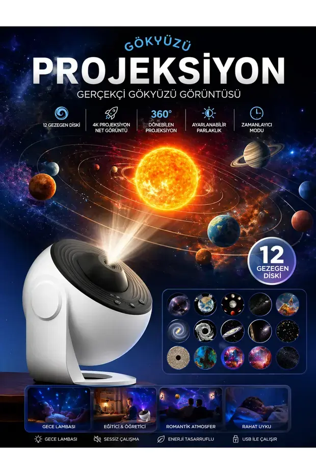 Galaxy Projektör Gece Lambası, Yıldızlı Projektör, Gökyüzü Gece Lambası Projektör Lambası