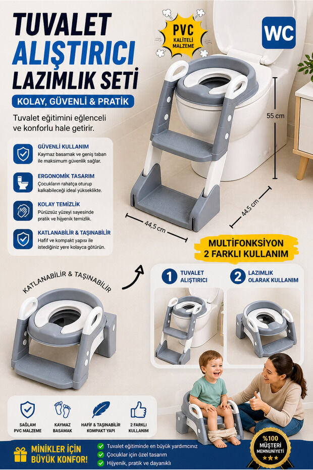 Tuvalet Eğitim Alıştırma Koltuğu Tutma Kollu Ayarlanabilir Lazımlık Klozet